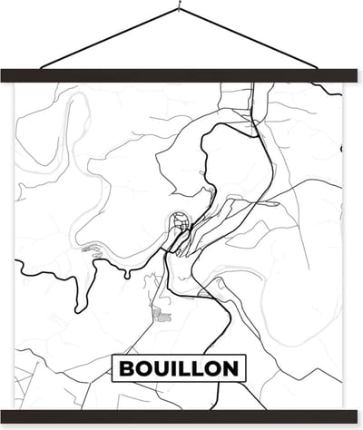 Posterhanger incl. Poster 60x60 cm - Schoolplaat - België – Bouillon – Stadskaart – Kaart – Zwart Wit – Plattegrond - Textielposter - Zwarte latten - Stadskaart