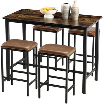 EGGREE Eettafel en stoel in industriële stijl - set van 5 gestoffeerde kussens - bartafel met 4 stoelen - barkast - barkruk - set voor keuken - woonkamer - eetkamer - taverne, stalen frame, vintage