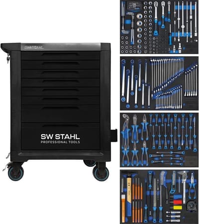 SW-Stahl Z3114 Professionele werkplaatswagen TT801 zwart I 8 laden I 4 laden gevuld I 246 delig I Werkplaatswagen voorzien van gereedschap I Twin-lock I Werkplaatswagen kit I compleet uitgerust