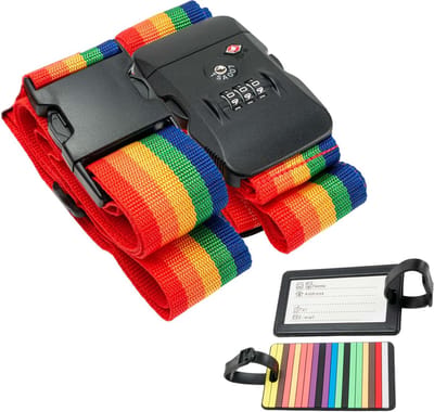 Intirilife Bagageriem met Cijferslot en Naamlabel in Regenboogkleuren - 200-100 x 5 cm / 145-171 x 5 cm - Koffergordel met Bagagelabel en TSA-cijferslot