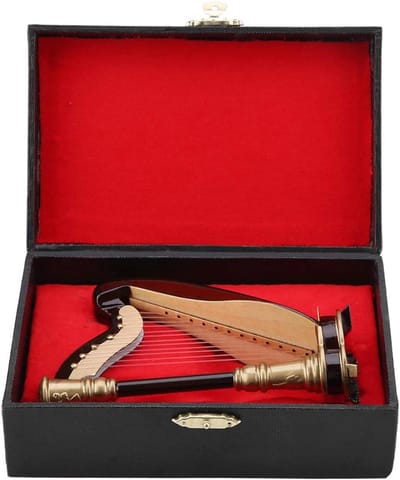 Houten mini harp, houten miniatuur harp instrument ornamenten met opbergdoos voor poppenhuis accessoires