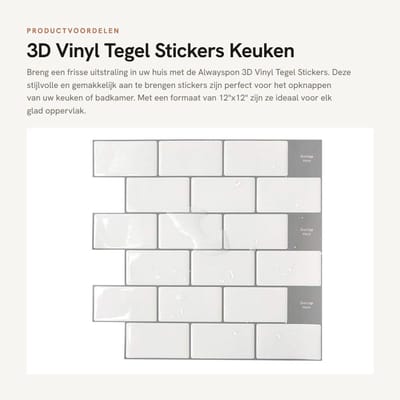Dailygoods- Tegelstickers 3D Vinyl - Muurstickers voor Keuken/Badkamer - Peel & Stick - Verwijderbaar - Vierkant - Eenvoudig aan te brengen - Muursticker