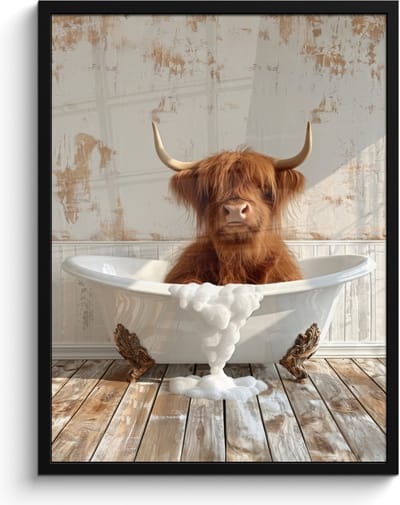 Poster in lijst - Fotolijst 60x80 cm - Posters - Schotse hooglander - Badkuip - Vintage - Koe - Posterlijst zwart - Wanddecoratie badkamer - Muurdecoratie WC - Decoratieve accessoires - Toilet muur decoratie