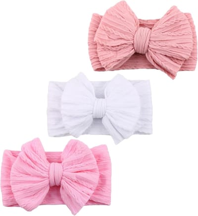 Set van 3 Zachte Haarbanden voor Baby's met Bogen, Schattige Haaraccessoires voor Meisjes en Pasgeborenen (Donkerroze, Wit, Middenroze)