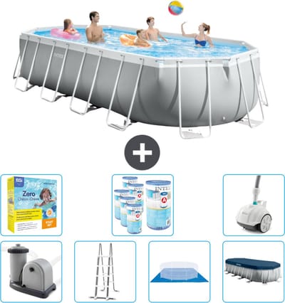 Intex Ovaal Prism Frame Zwembad - 610 x 305 x 122 cm - Grijs - Inclusief Pomp - Ladder - Grondzeil - Afdekzeil Onderhoudspakket - Filters - Stofzuiger