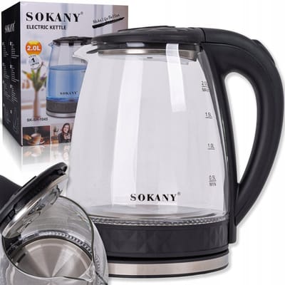SOKANY SK-SH-1045 Glazen Waterkoker - 2.0 Liter - 1500W - Blauwe LED-verlichting - 360° Draaibaar - Automatische Uitschakeling - RVS Accent