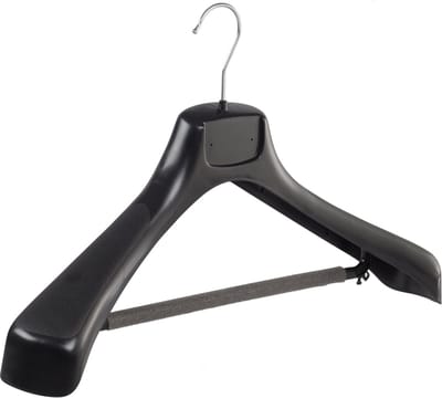De Kledinghanger Gigant - Mantelhanger - Kostuumhanger - Jassenhanger - Volwassenen - ETR49 - 50 Stuks - Kunststof - Zwart - Gebogen Model - Schouderverbreding 7,4 cm - Broeklat met Schuim - 49 cm - Kledinghanger - Kleerhanger - ETR-Serie