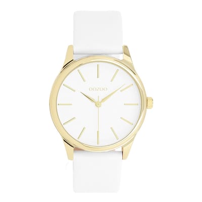 OOZOO Timepieces - Goudkleurige OOZOO horloge met witte leren band - C11675