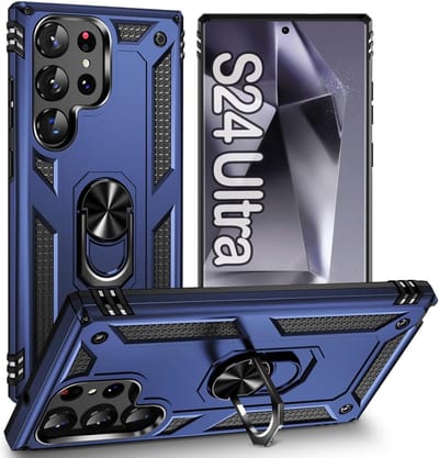 Hoesje Geschikt voor Samsung Galaxy S24 Ultra hoesje Blauw Hybrid Armor Anti-Shock hoesje - Galaxy S24 Ultra 5G Hoesje kickstand Ring houder cover TPU backcover hoesje