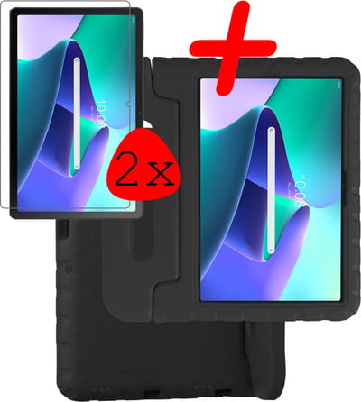 Hoesje Geschikt voor Lenovo Tab M10 Plus (3e / 3rd Generatie) - Met 2x Screenprotector - Kinderhoes Shockproof Bumper - Kidsproof Case - Tablet Hoes - Kinder Hoes Cover - Zwart