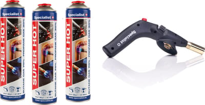 3 Gasflessen + Gasbrander met piezo ontsteking, aansluiting 7/16 , mondstuk 20mm ,soldeerbrander,Specialist+ SuperHot gas Gasflessen.