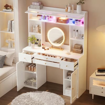 MIVRAY Kaptafel - Met Ronde Spiegel En Ledverlichting - 4 Lades En Glazen Deuren - Voor Slaapkamer - Wit - 120x40x160 Cm