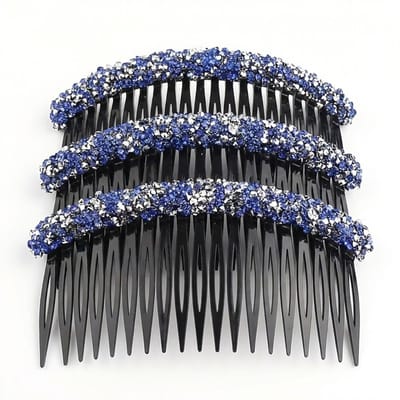 Set van 3 blauw strass haar kammen – kunststof decoratieve kammen met fijne tanden – elegante haaraccessoires voor dames – ideaal voor opsteekkapsels en feestelijke looks