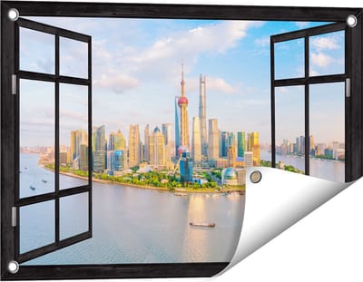 Gards Tuinposter Doorkijk Skyline Shanghai Stad in China - 60x40 cm - Tuindoek - Tuindecoratie - Wanddecoratie buiten - Tuinschilderij