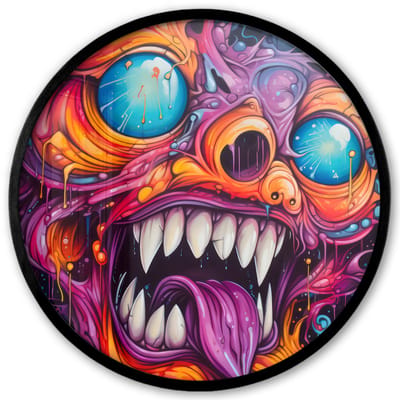 Poster in lijst Rond - Fotolijst 40x40 cm - Posters - Monster - Graffiti - Kleuren - Oranje - Ronde posterlijst zwart - Decoratie - Wanddecoratie woonkamer - Muurdecoratie slaapkamer