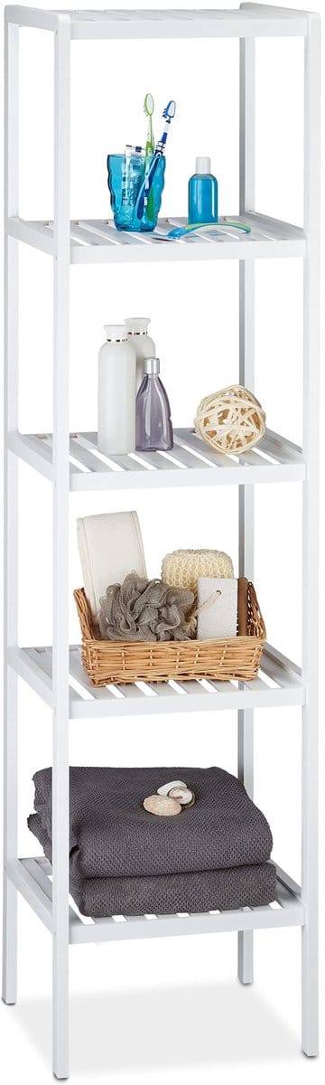 2x badkamerrek bamboe, 5 etages, hoog, smal, keuken rek, staand opbergrek, hal, hout, HBD: 139,5 x 34,5 x 33 cm, wit