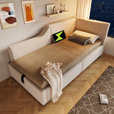 MEUNIQ slaapbank dagbed 90x200 cm met hydraulische opbergruimte, lattenbodem, leeslamp en USB-C, bedframe van velours voor slaapkamer of jeugd-/kinderkamer, beige