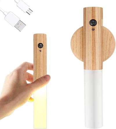 Oplaadbare houten wandlamp met bewegingssensor en draadloze batterij voor slaapkamer, hal, en kinderkamer