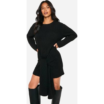 boohoo Dames Petite Soft Cable Oversized Tie Detail Gebreide Mini Jurk | Zwart | Maat: XS