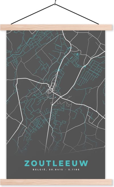 Posterhanger incl. Poster 40x60 cm - Schoolplaat - België – Zoutleeuw – Stadskaart – Kaart – Blauw – Plattegrond - Textielposter - Blanke latten - Stadskaart