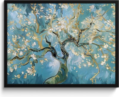 Poster in lijst - Fotolijst 80x60 cm - Posters - Amandelbloesem boom - Blauw - Abstract - Posterlijst zwart - Decoratie - Wanddecoratie woonkamer - Muurdecoratie slaapkamer