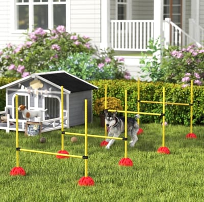 MEUNIQ honden agilityset met 4 verstelbare horden en draagtas, trainingsset voor sprongtraining, bases vulbaar met water of zand, 124 x 19,5 x 103 cm, geel