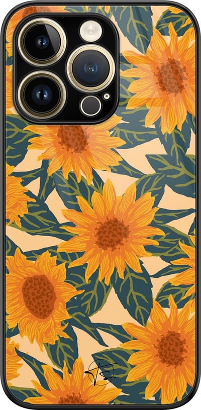 Hoesje geschikt voor iPhone 14 Pro - Zonnebloemen - Luxe Hard Case - Bloemen - Oranje - Mooie Telefoonhoesjes