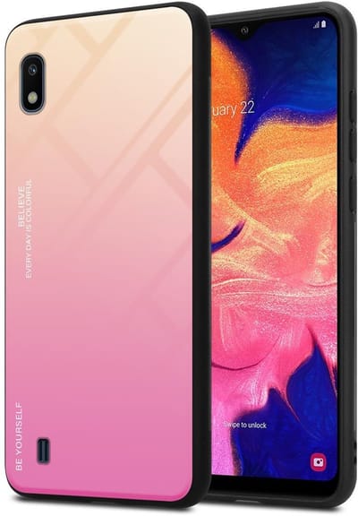 Cadorabo Hoesje geschikt voor Samsung Galaxy A10 / M10 in GEEL - ROZE - Tweekleurige beschermhoes van TPU-silicone Case Cover en achterzijde van gehard glas