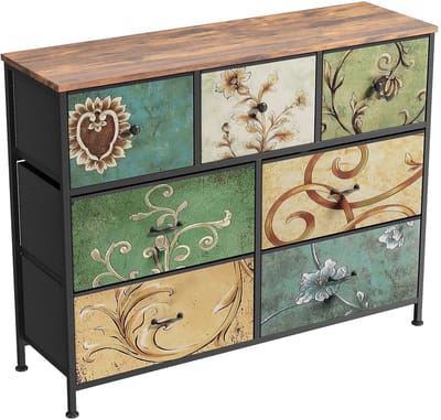 VIEMAE Ladekast - Ladenkastje - Dressoir - Opbergkast - Bloemen - 7 lades - Metalen frame, stoffen lades, houten blad - 100x30x78cm