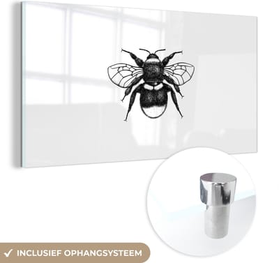 MuchoWow® Glasschilderij 40x20 cm - Schilderij acrylglas - Hommel - Botanisch - Retro - Insecten - Foto op glas - Schilderijen