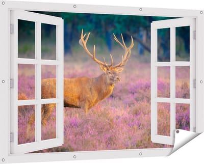 Gards Tuinposter Doorkijk Hert in de Weide tijdens Zonsondergang - 150x100 cm - Tuindoek - Tuindecoratie - Wanddecoratie buiten - Tuinschilderij