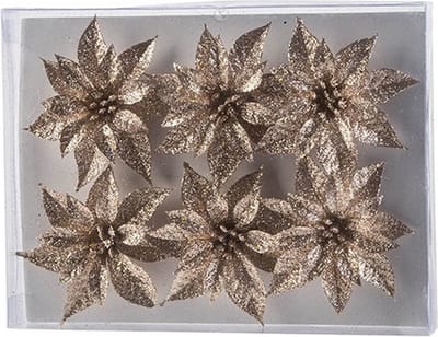 Cosy & Trendy Bloemen op clip - 6x st - champagne - glitter - 8 cm - kerstversiering - kerstbloemen