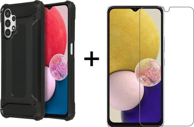Ntech Hoesje Geschikt Voor Samsung Galaxy A13 4G hoesje - Met Screenprotector Rugged Armor Hoesje - Shockproof case - Zwart