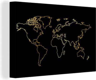 Canvas Wereldkaart - 150x100 - Wanddecoratie Gouden wereldkaart op een zwarte achtergrond