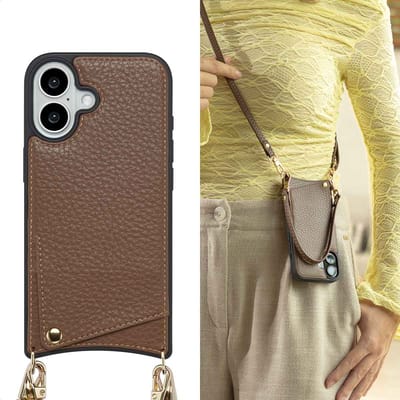 Selencia Hoesje - Geschikt voor Apple iPhone 16 - Backcover met koord en pashouder - Mocha Brown