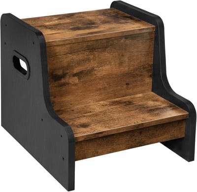 Opstapje voor kinderen, opstapje met 2 treden met antislipmat en handvat, multifunctioneel, voor badkamer, keuken, kinderkamer, donkerbruin/zwart