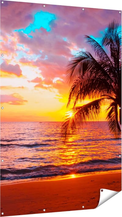 Gards Tuinposter Tropisch Strand tijdens Zonsondergang - 120x180 cm - Tuindoek - Tuindecoratie - Wanddecoratie buiten - Tuinschilderij