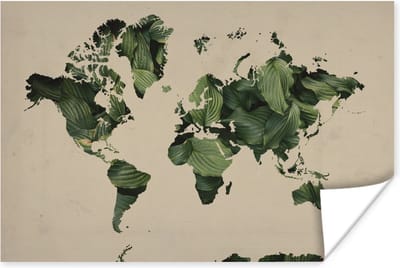 Poster 30x20 cm - Wereldkaart - Bladeren - Groen - Posters - Kamer decoratie - Wanddecoratie woonkamer - Muurdecoratie slaapkamer