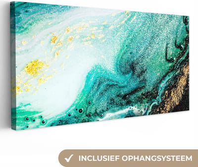 Canvas schilderij 40x20 cm - Wanddecoratie Marmerlook - Blauw - Goud - Glitter - Luxe - Marmer - Muurdecoratie woonkamer - Slaapkamer decoratie - Kamer accessoires - Schilderijen op canvas