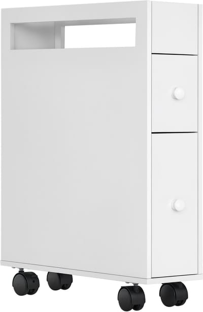 Witte Niswagen – Smalle Badkamerkast Met 2 Lades En 4 Wielen, 16 x 49,5 x 66 cm