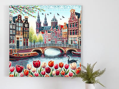 Acryl amsterdam schilderij | Amsterdamse Acryl Avonturen: Kunstige Verbeelding in Levendige Kleuren | Kunst - 20x20 centimeter op Canvas | Foto op Canvas