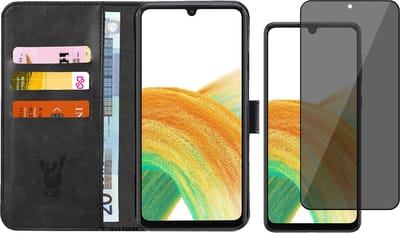 Hoesje geschikt voor Samsung Galaxy A33 - Book Case Kunstleer Wallet Cover Portemonnee Pasjeshouder Hoes Zwart - Tempered Glass Privacy Screenprotector