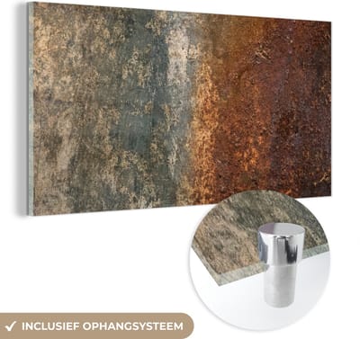 MuchoWow® Glasschilderij 120x60 cm - Schilderij acrylglas - Staal - Roest - Oud - Oranje - Grijs - Patroon - Abstract - Foto op glas - Schilderijen