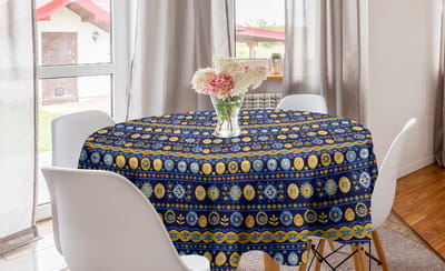 ABAKUHAUS Kerstronde Tafelkleed, Cirkelvormige tafelkleedhoes voor eetkamerkeukendecoratie, 150 cm, Geel Koraal Rood Blauw