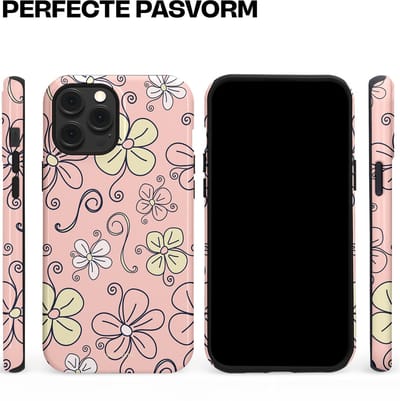 Casetastic hoesje geschikt voor Apple iPhone 12 Pro Max - MagSafe - Dubbellaagse bescherming - Pastel Perzik Doodle Peach Bloemen - Fashion Case - Zand Zilver Lichtroze