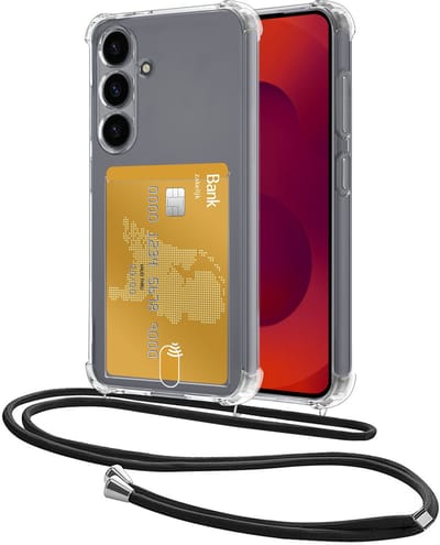 Hoes Geschikt voor Samsung Galaxy S25 FE Hoesje Pasjeshouder Cover Met Koord Shock Proof Case Siliconen Hoes Met Telefoonkoord en Kaarthouder - Transparant