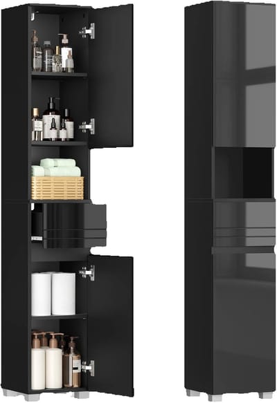HomeGoodies - Badkamerkast - Badkamermeubel - Hoog smal – Opbergkast met lade en verstelbare planken – 30x30x170 cm – MDF – Zwart