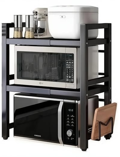 Sensova - Magnetron Rek - Verstelbaar met 6 Haken - Magnetronrek - Magnetronkast - Uittrekbaar Keukenrek - Keuken Organizers - Vrijstaand 2-Laags - Opbergrek van Metaal