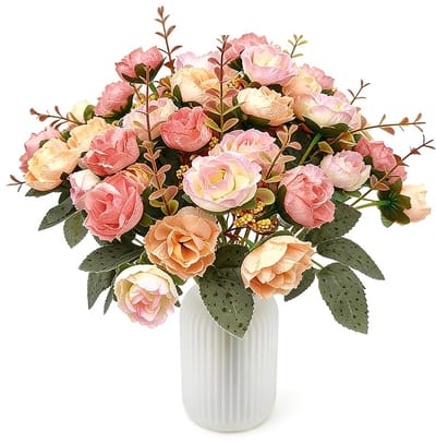 Kunstbloemen met 21 bloemhoofdjes, kleine roos voor bruiloftsreceptie, thuis, tuin, feest, tafeldecoratie, 7 stengels, kunstzijde en kunststof, roze, 2 stuks