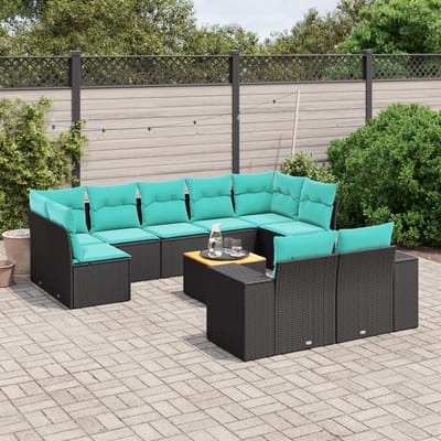 vidaXL - 10-delige - tuinbankset - met - kussens - van - zwart - polyrotan